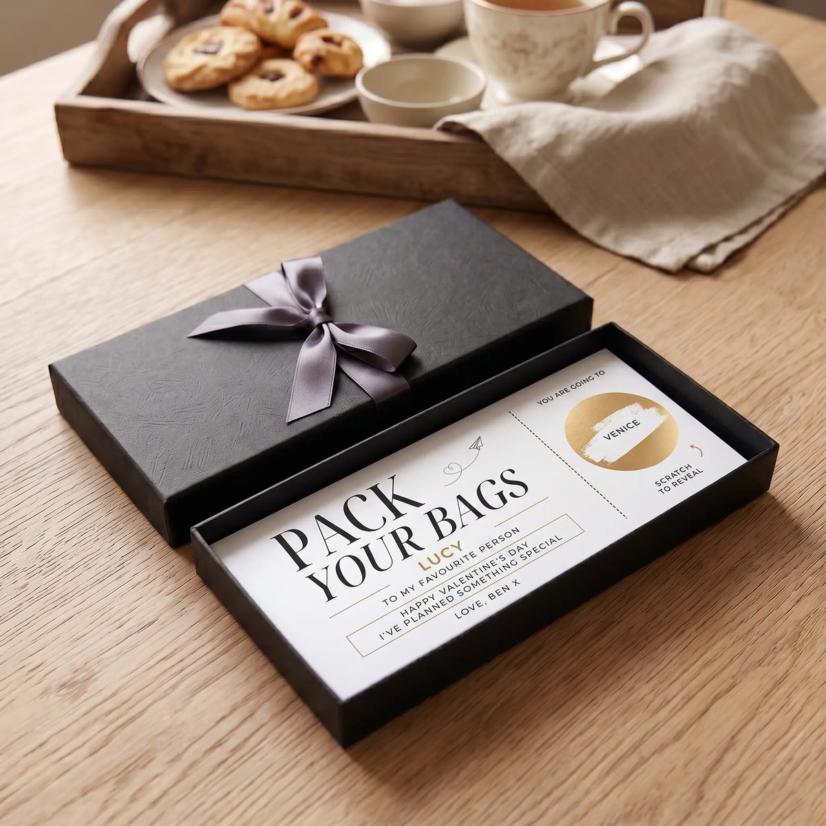 Romantic Trip Scratch-Reveal Card presented in a black gift box