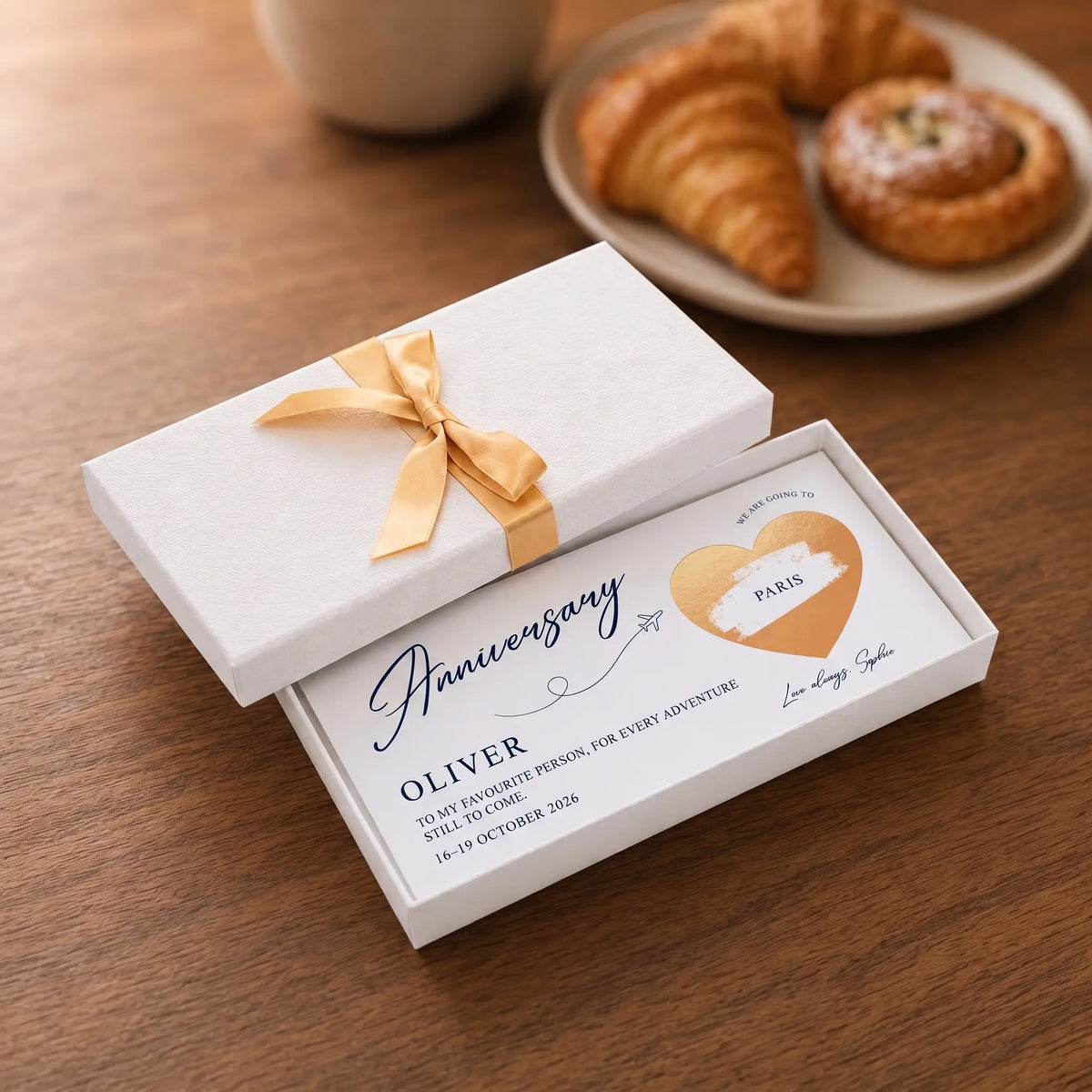Anniversary Trip Scratch-Reveal Card presented in a white gift box